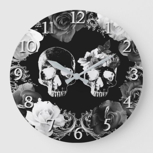 Black White Roses Skeleton Skull Gothic Glam Clock