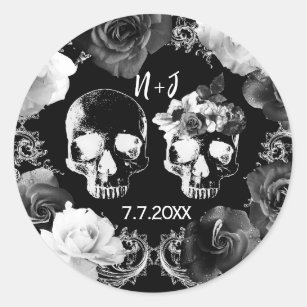 Black White Roses Skeleton Skull Gothic Wedding   Classic Round Sticker