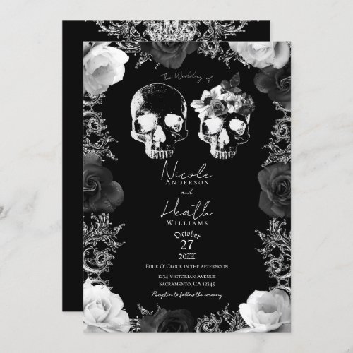 Black White Roses Skeleton Skull Gothic Wedding Invitation