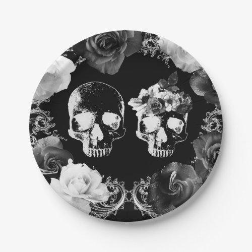Black White Roses Skeleton Skull Gothic Wedding   Paper Plates