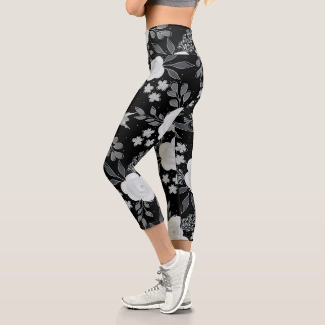 Black White Roses Watercolor Painting Capri Leggings (Left)