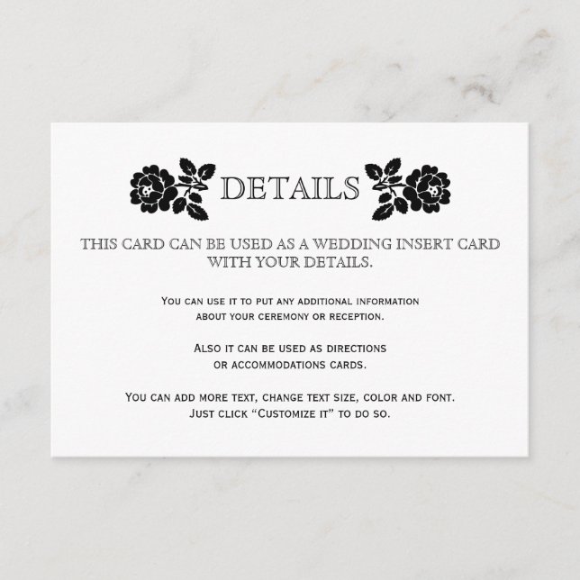 Black white roses wedding details insert card (Front)