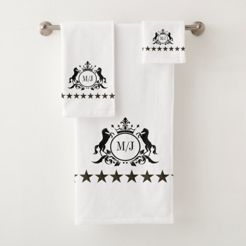 Black White Royal Scrolls Crown Horses Monogram Bath Towel Set