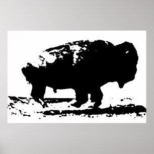 Black & White Running Buffalo Silhouette Pop Art Poster