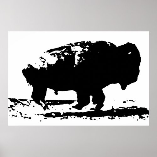 Black  White Running Buffalo Silhouette Pop Art Poster