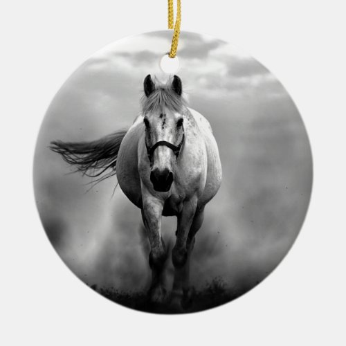 Black White Running Horse Freedom Ceramic Ornament