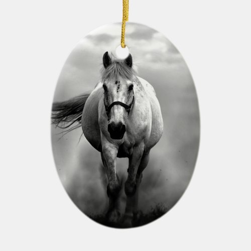 Black White Running Horse Freedom Ceramic Ornament