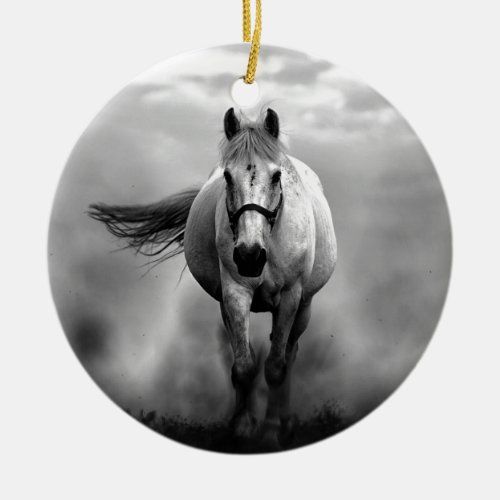 Black White Running Horse Freedom Ceramic Ornament