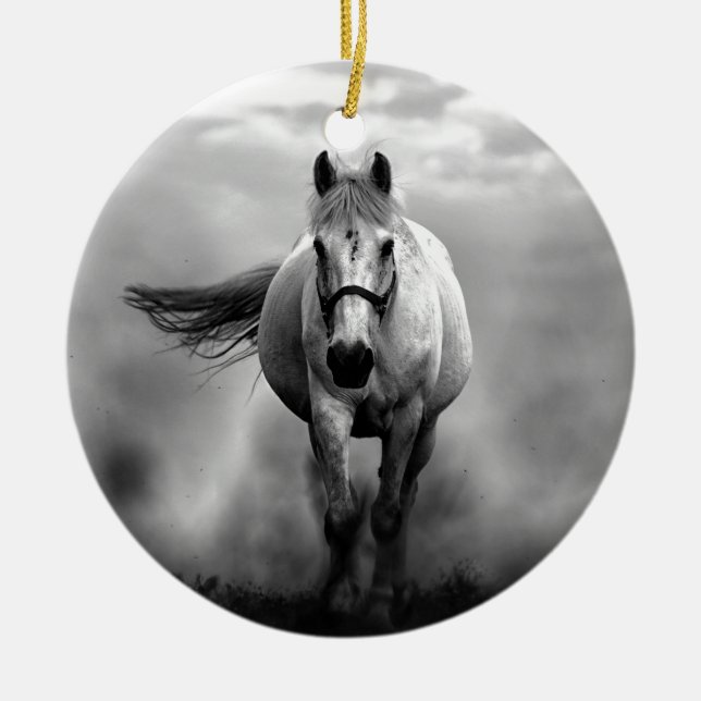 Black White Running Horse Freedom Ceramic Ornament (Front)