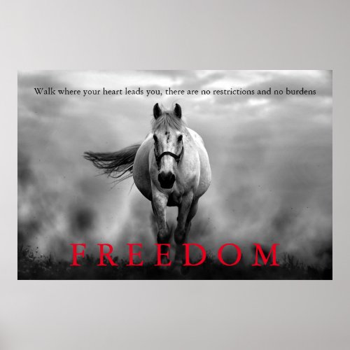Black White Running Horse Freedom Inspirational Poster
