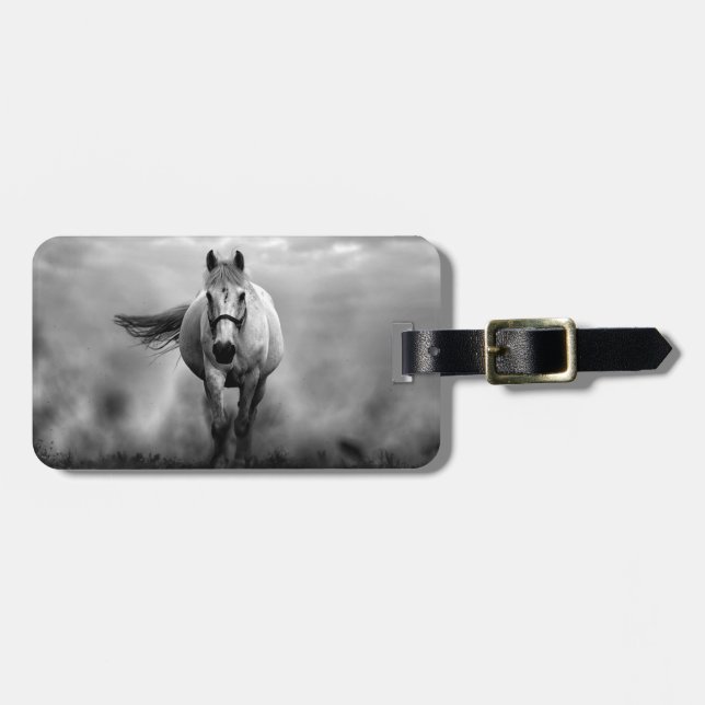 Black White Running Horse Freedom Luggage Tag (Front Horizontal)