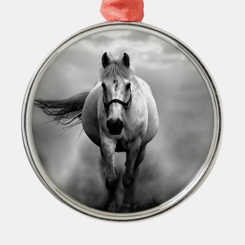 Black White Running Horse Freedom Metal Ornament