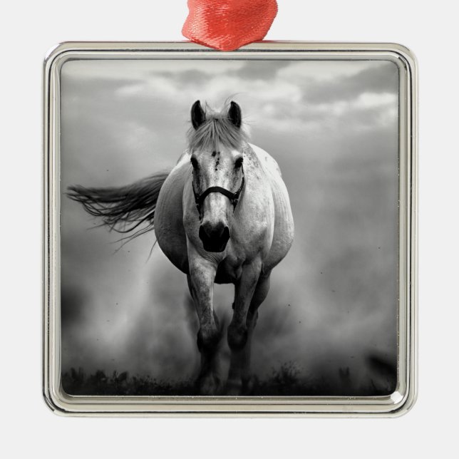 Black White Running Horse Freedom Metal Ornament (Front)
