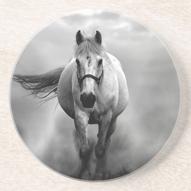 Black White Running Horse Freedom Sandstone Coaster (Front)