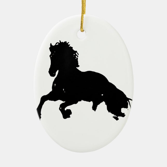 Black White Running Horse Silhouette Ceramic Ornament (Front)