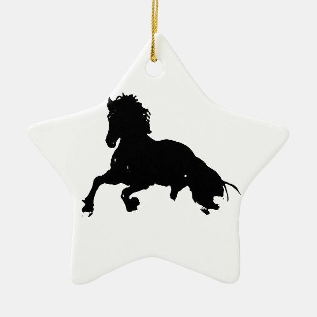 Black White Running Horse Silhouette Ceramic Ornament (Front)