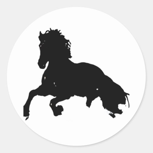 Black White Running Horse Silhouette Classic Round Sticker