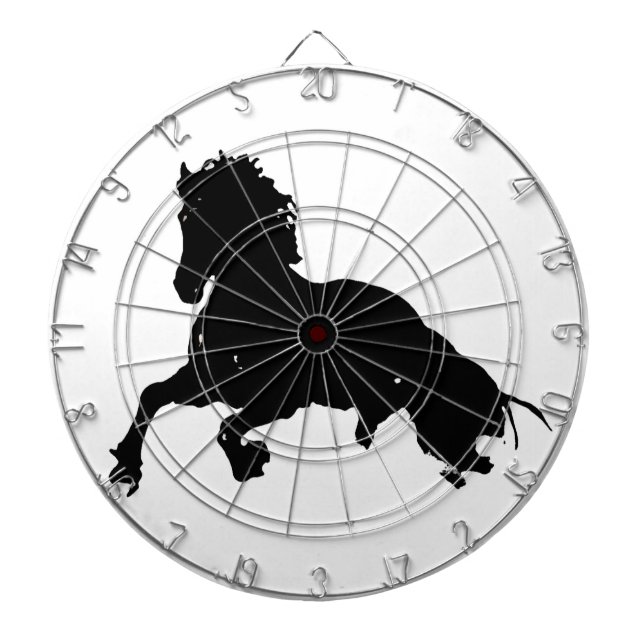 Black White Running Horse Silhouette Dartboard With Darts (Front)