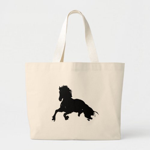 Black White Running Horse Silhouette Large Tote Bag