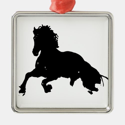 Black White Running Horse Silhouette Metal Ornament