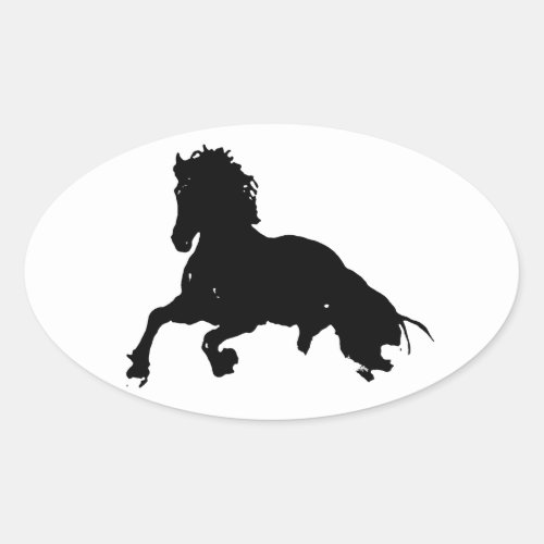 Black White Running Horse Silhouette Oval Sticker