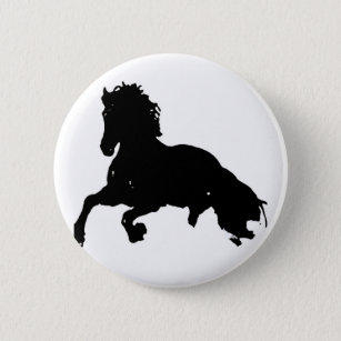Black White Running Horse Silhouette Pinback Button