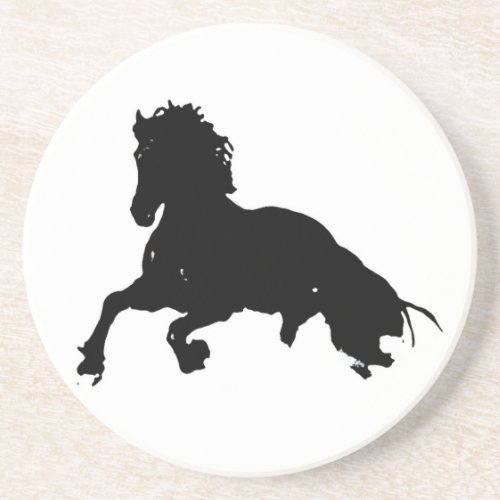 Black White Running Horse Silhouette Sandstone Coaster