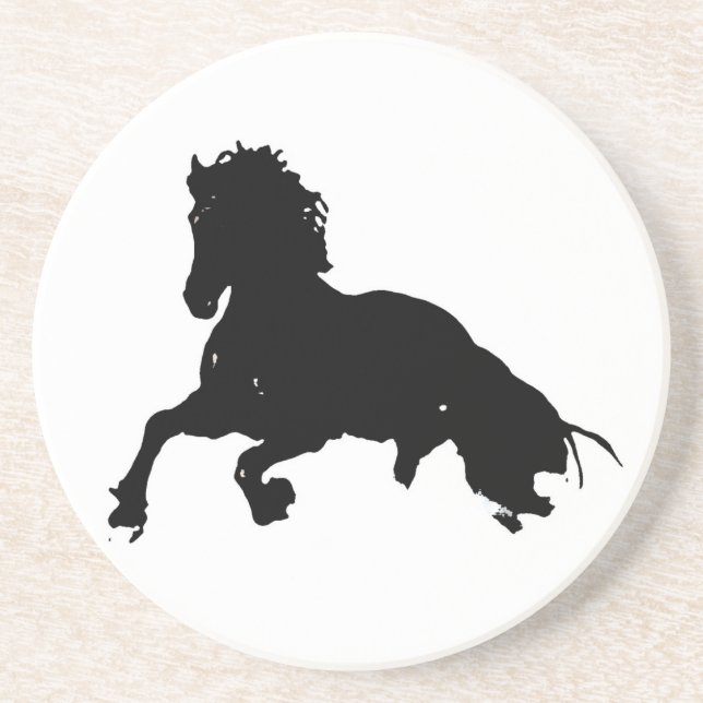 Black White Running Horse Silhouette Sandstone Coaster (Front)