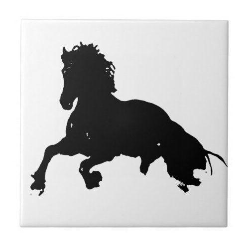 Black White Running Horse Silhouette Tile