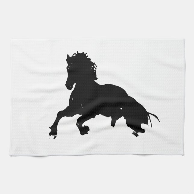 Black White Running Horse Silhouette Towel (Horizontal)