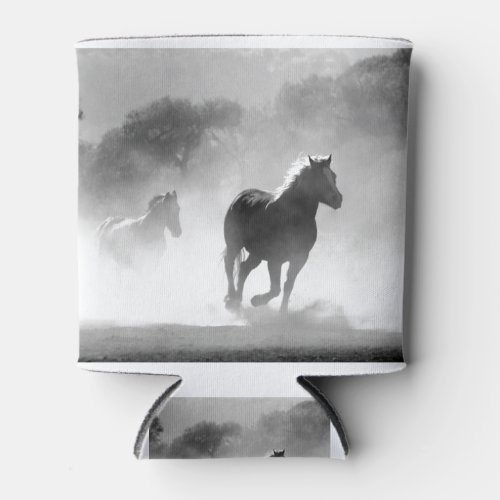 Black  White Running Horses Photo Artwork Can Cooler