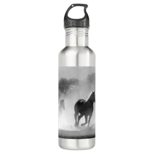 Black  White Running Horses Photo Artwork Stainless Steel Water Bottle