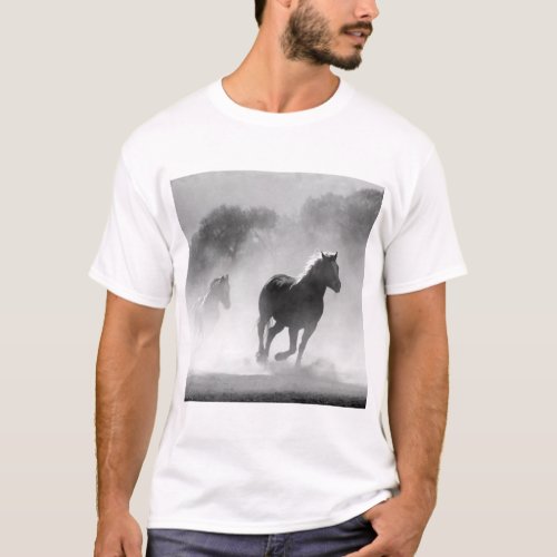 Black  White Running Horses Photo Artwork T_Shirt