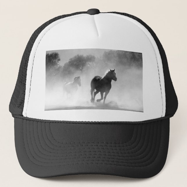Black & White Running Horses Photo Artwork Trucker Hat (Front)