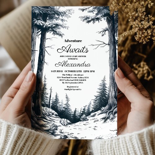 Black White Rustic Adventure Mountain Baby Shower Invitation