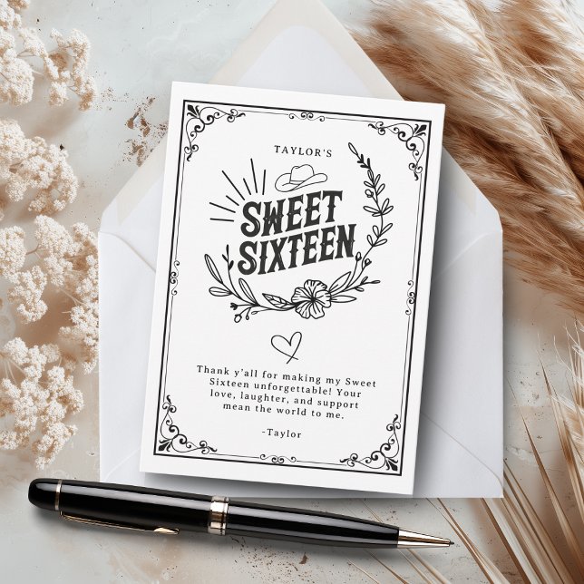 Black & White Rustic Cowgirl Sweet Sixteen Thank You Card (Rustic Sweet Sixteen thank-you card with a western floral design in black and white.)