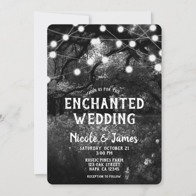 Black White Rustic Enchanted Forest Lights Wedding Invitation (Front)