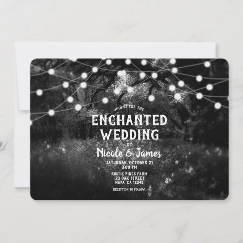 Black White Rustic Enchanted Forest Lights Wedding Invitation