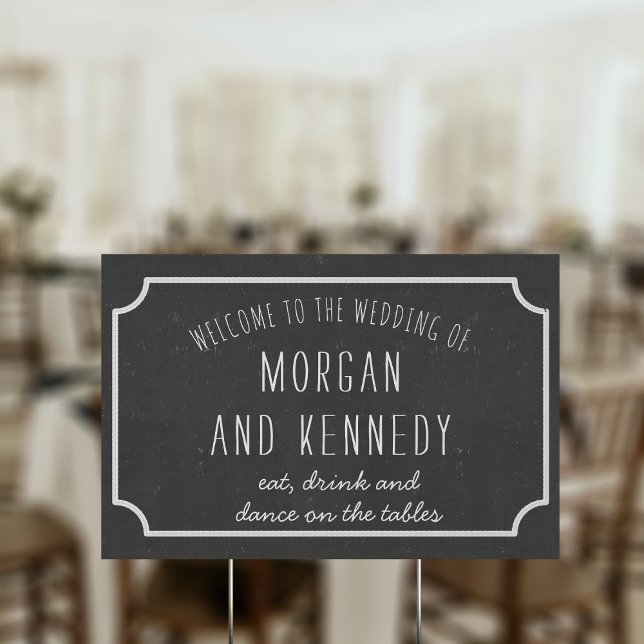 Black White Rustic Faux Chalkboard Wedding Sign (Welcome your wedding guests with this chalkboard style welcome sign)