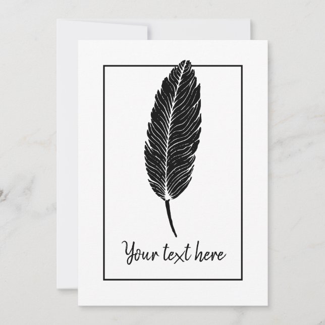 Black & White Rustic Feather Linocut Invitation (Front)