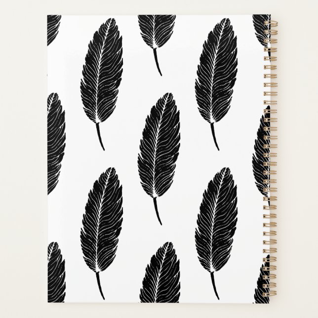 Black & White Rustic Feather Linocut Pattern Planner (Back)
