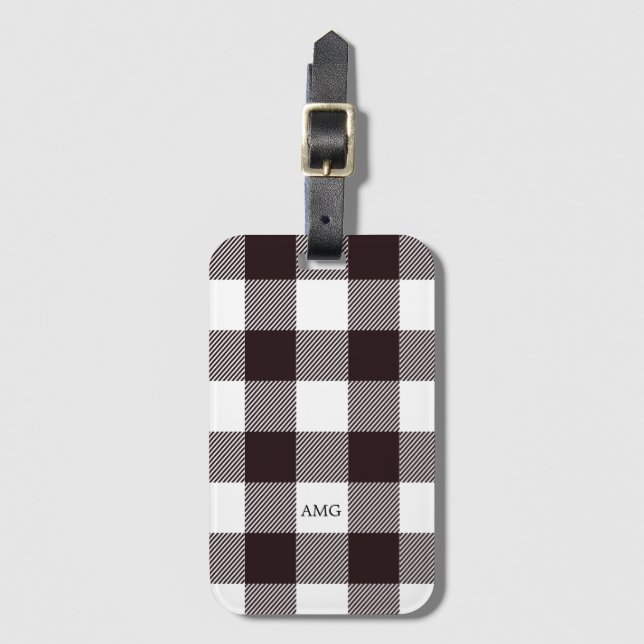 Black & White Rustic Flannel Plaid Pattern Luggage Tag (Front Vertical)
