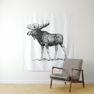 Black & White Rustic Moose Illustration Tapestry