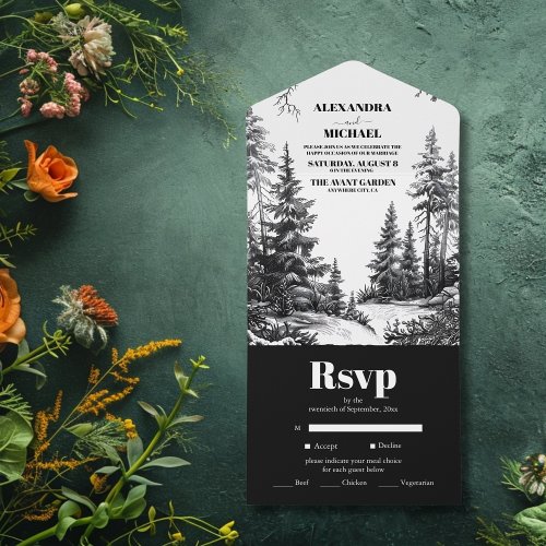 Black White Rustic Mountain Forest  Wedding All In One Invitation