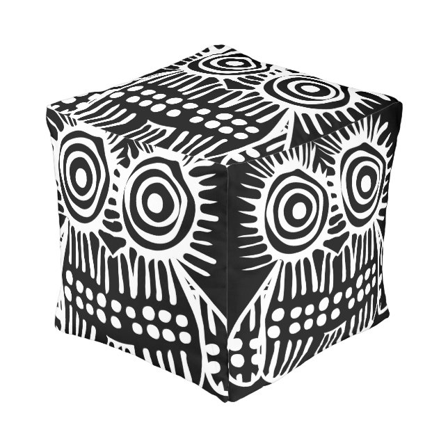 Black White Rustic Owl Vintage Modern Pattern Pouf (Angled Front)