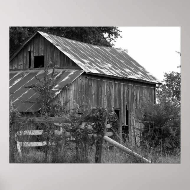 Black & White Rusty Old Farm Behind a Fence 16x20 Poster (Front)
