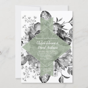 Black White Sage Green Floral Watercolor Wedding Announcement