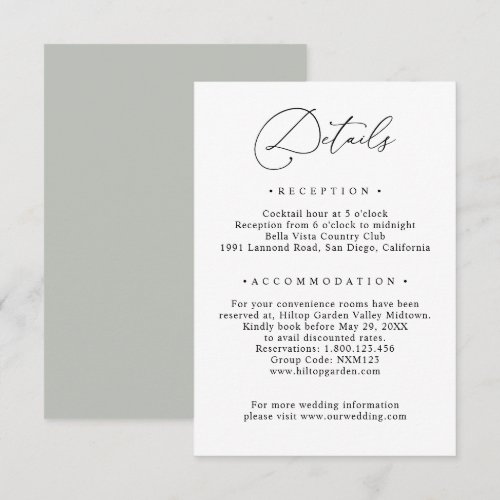 Black & White Sage Green Wedding Info Details Enclosure Card