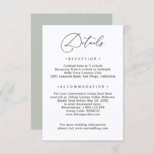 Black & White Sage Green Wedding Info Details Enclosure Card - Designed to coordinate with our Romantic Script wedding collection, this customizable Details card, features a sweeping script calligraphy text paired with a classy serif font in black with a frosty sage green back. Matching items available.
