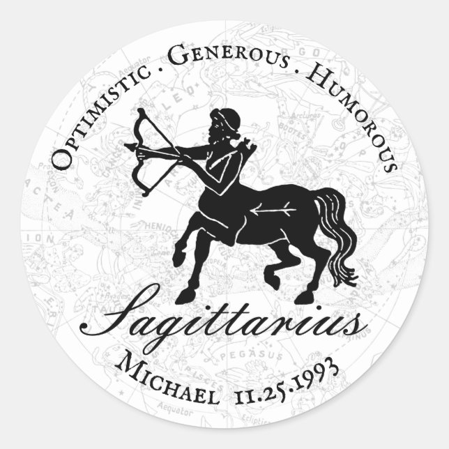  Black White Sagittarius Zodiac Astrology Custom Classic Round Sticker (Front)